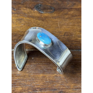 Sterling Silver Cuff Bracelet Blue Stone Wide Modernist Style 6.75” Wrist Size