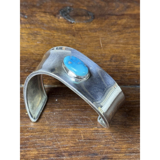 Sterling Silver Cuff Bracelet Blue Stone Wide Modernist Style 6.75” Wrist Size