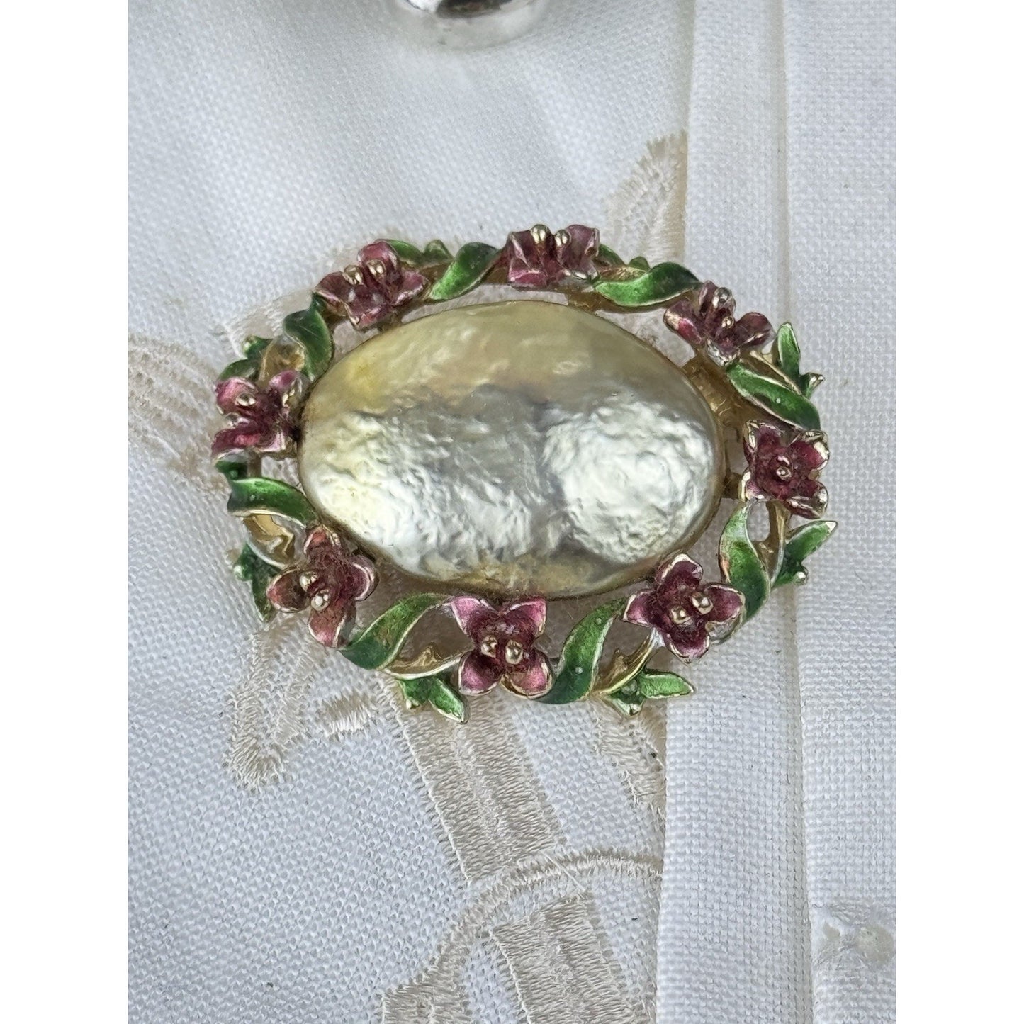 Vintage Goldtone Faux Baroque Pearl Brooch Enamel Floral Signed ART 1.75”