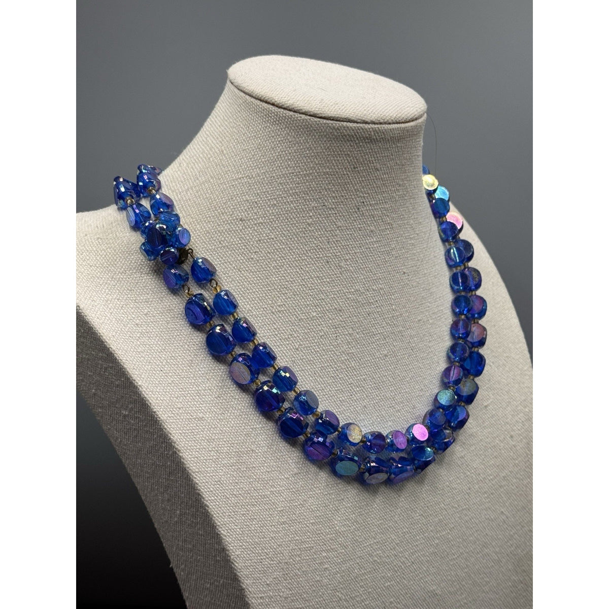 Vintage Blue Lucite AB Bead Necklace Double Strand Faceted Beads 19.5”