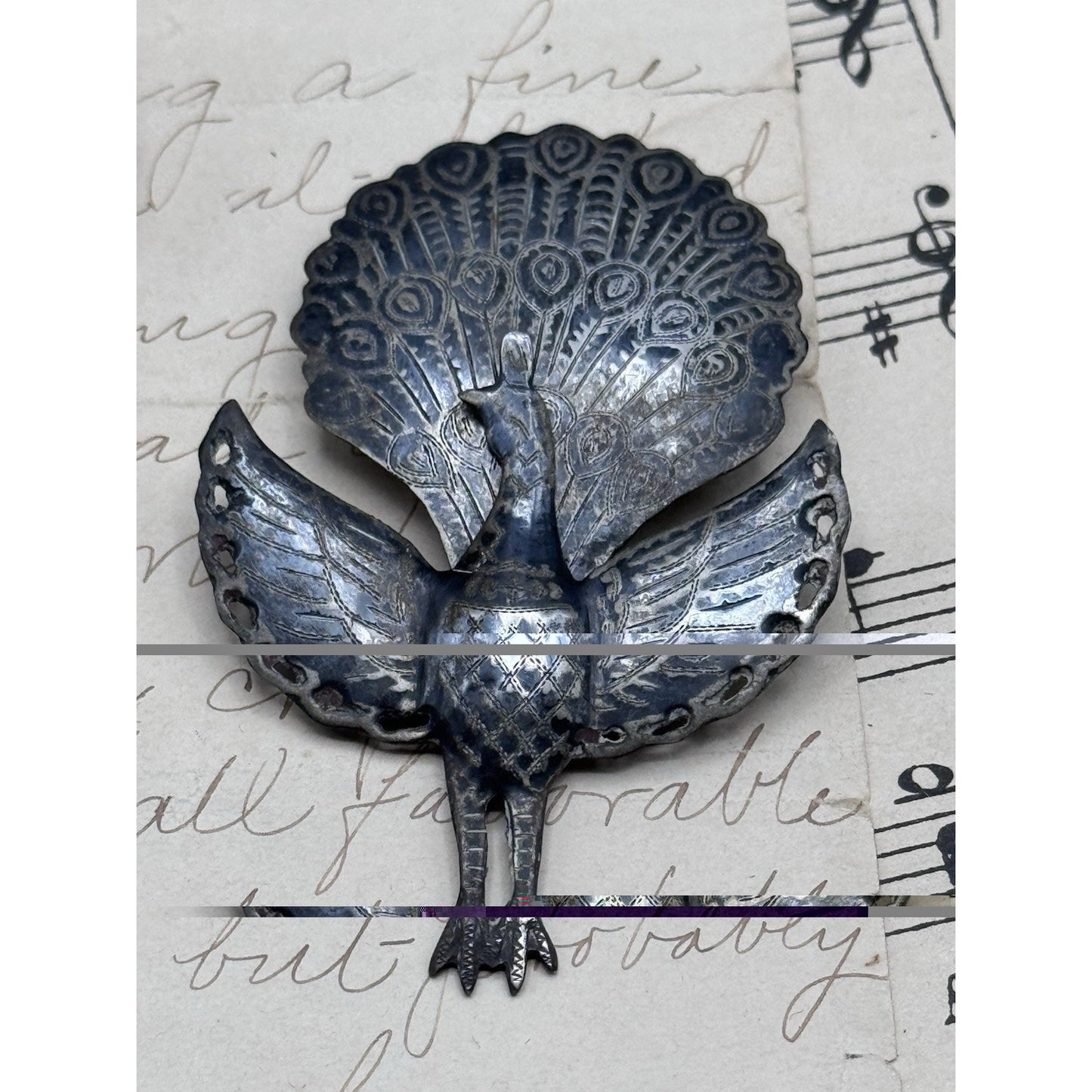 Vintage Siam Sterling Silver Peacock Brooch Articulated Niello Thailand