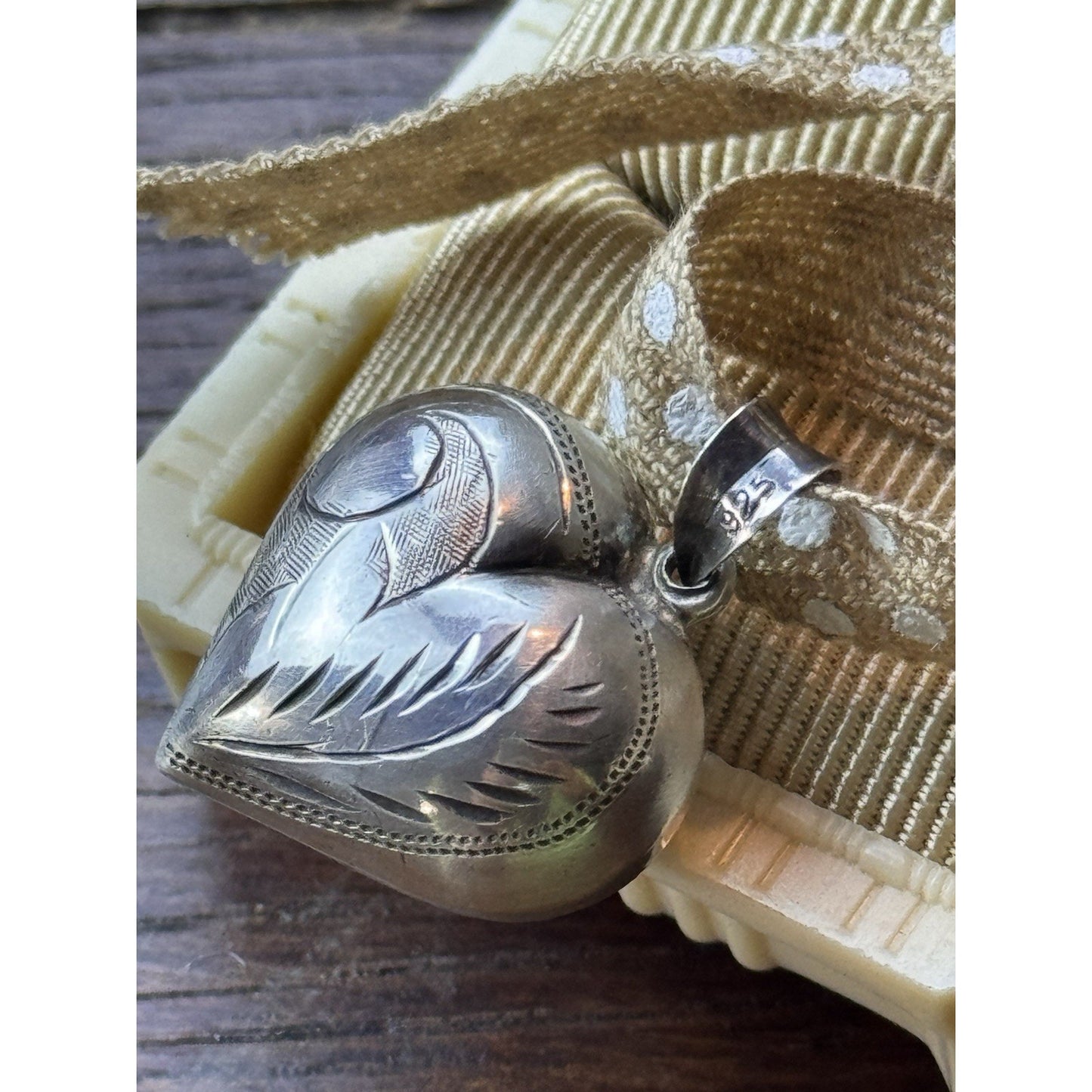 Sterling Silver Puffy Heart Pendant 1” Engraved 925 Vintage Love Token Charm