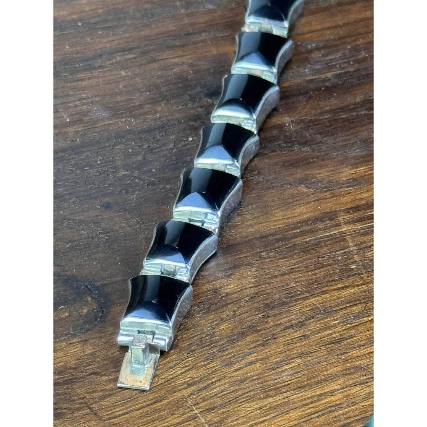 Vintage Mexico 950 Silver Bracelet Black Onyx Articulated Link 7” Modernist