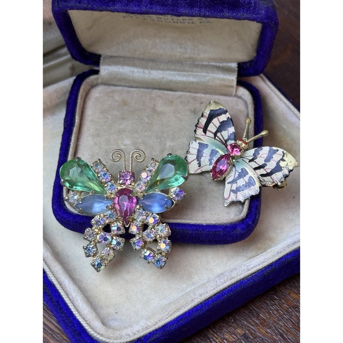 Butterfly Brooch Pair Weiss Rhinestone & Czech Hand Painted Enamel Moth WEAR‼️