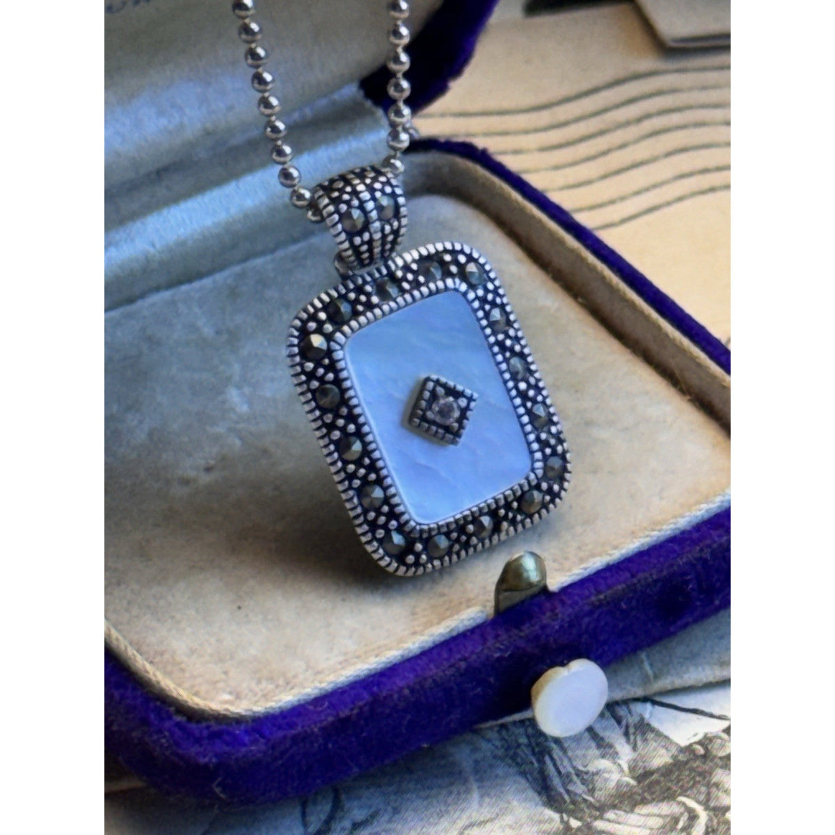 925 Sterling Silver Mother Of Pearl Marcasite Pendant Necklace 23” Ball Chain 1”