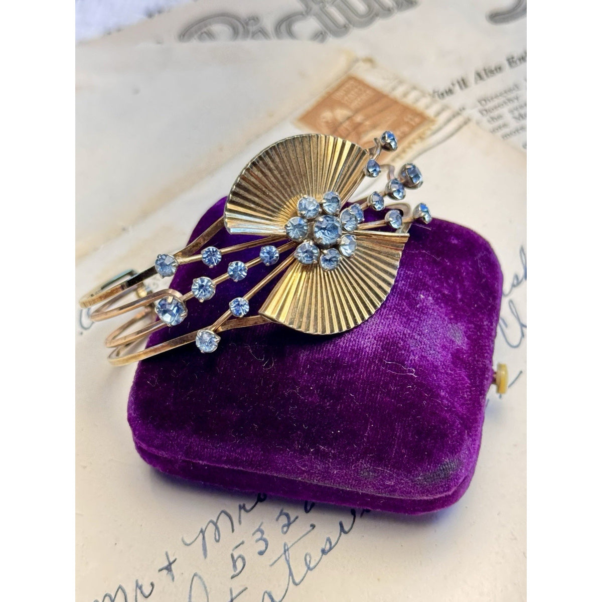 Krementz Cuff Bracelet Blue Rhinestone Goldtone Fan Mid Century Vintage 6.5”