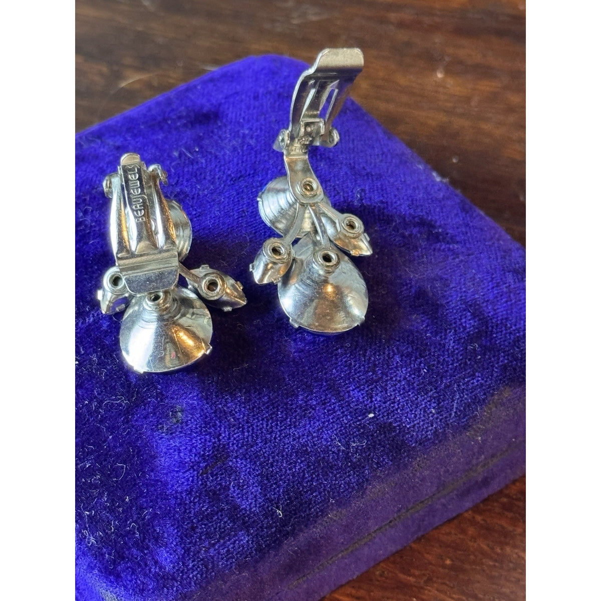 Silvertone Earrings Beau Jewels Blue Rhinestone AB Clip On Vintage 1.25” x .75”