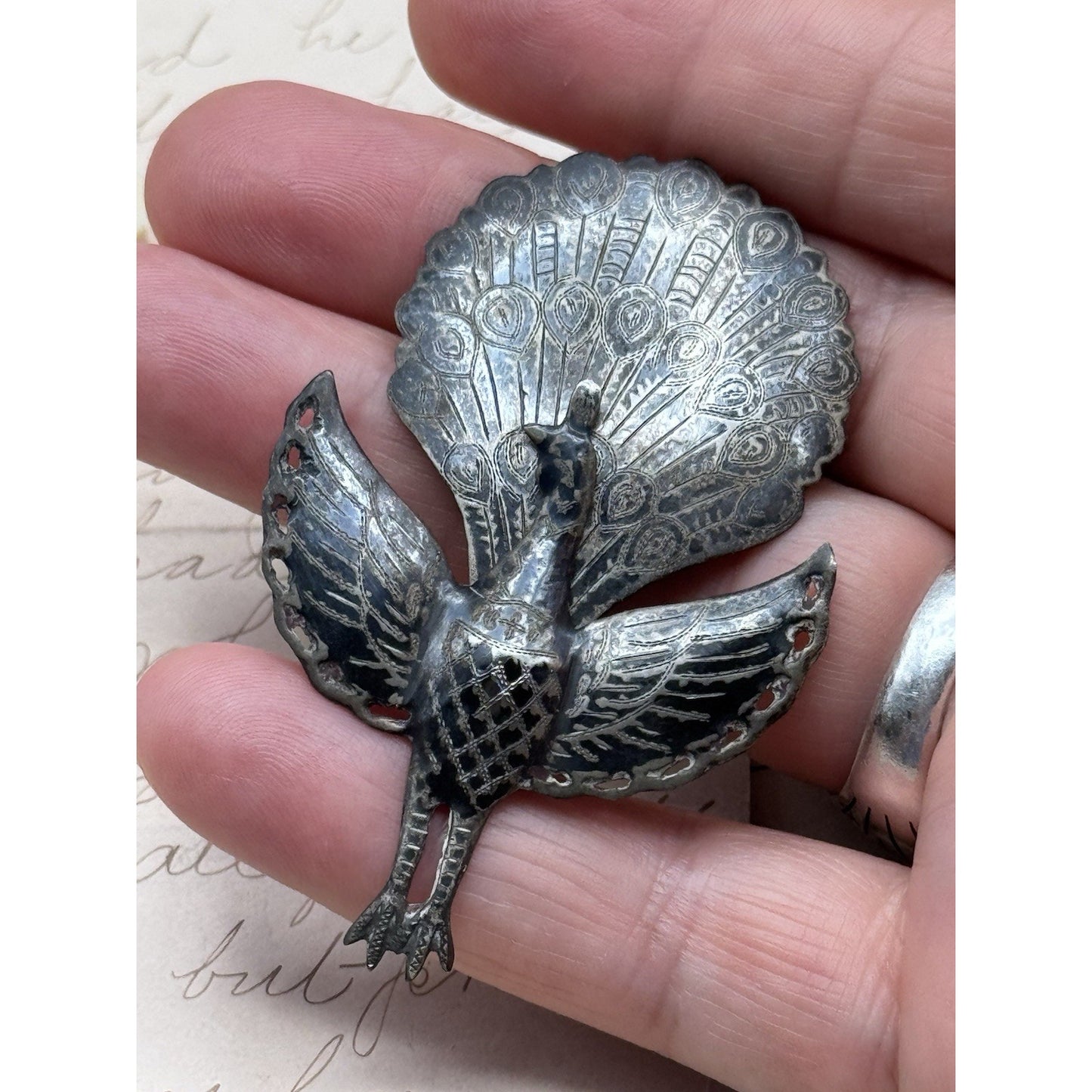 Vintage Siam Sterling Silver Peacock Brooch Articulated Niello Thailand