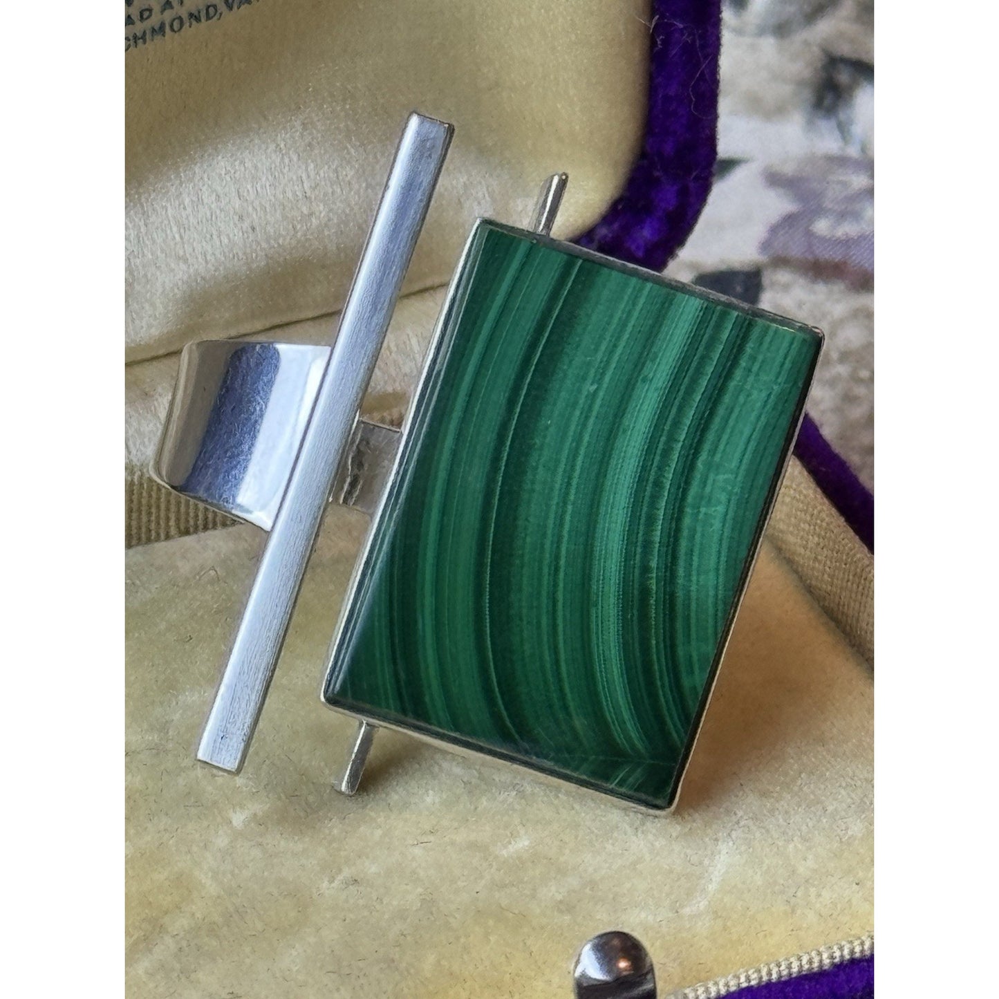 Malachite Ring Sterling Silver Modernist Size 8.5 Adjustable Statement Ring