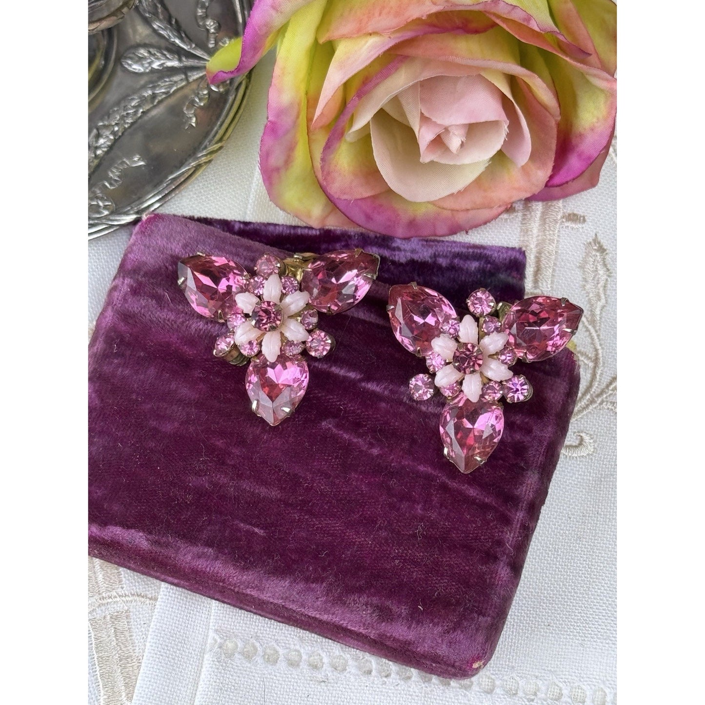 Vintage Earrings Pink Rhinestone & Molded Glass Floral Clip-On