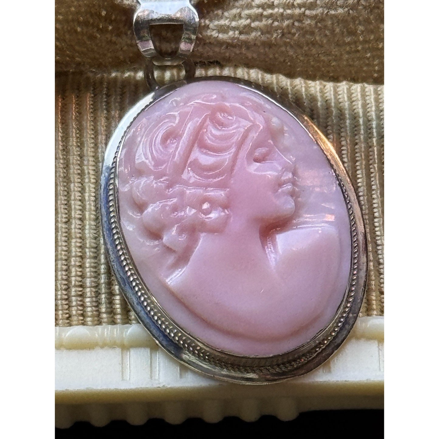 Sterling Silver Pink Cameo Pendant 1” Hand Carved Italy Artist Signed 925