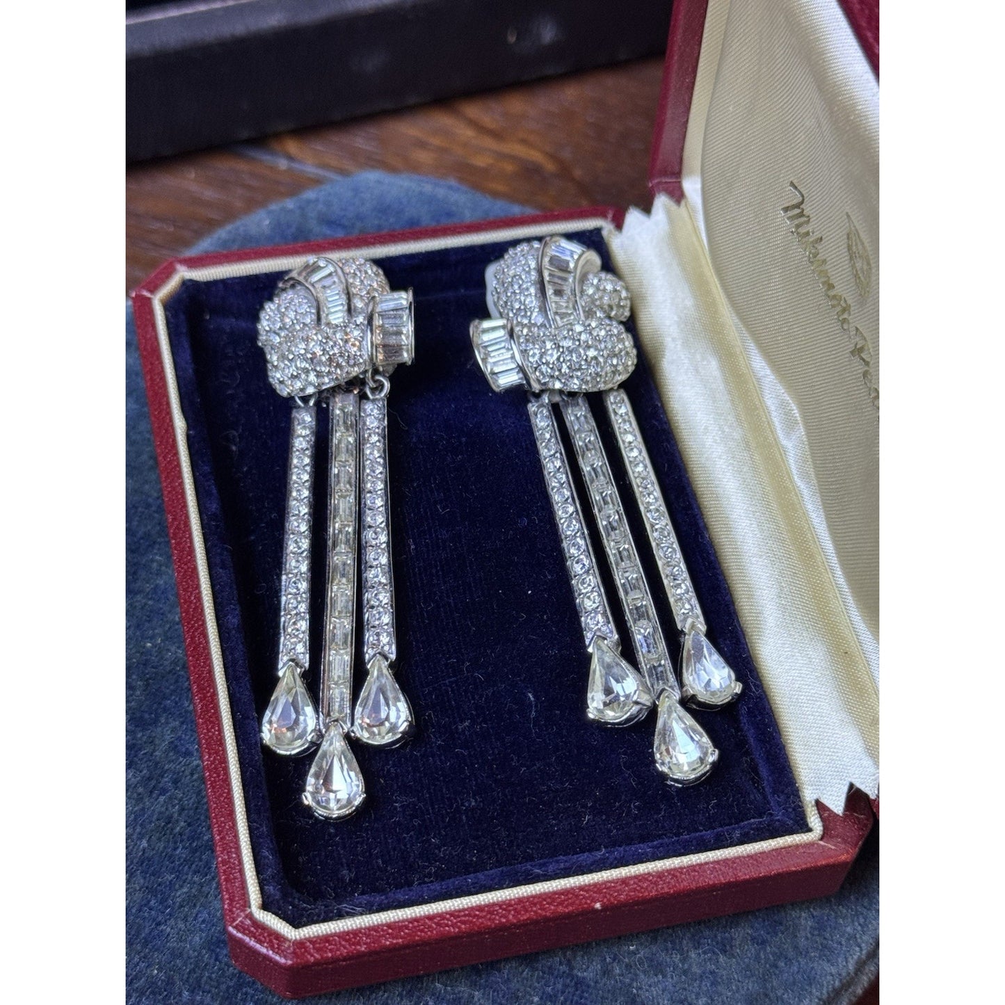 Vintage Ciner Rhinestone Dangle Clip Earrings 3” Baguette Pave