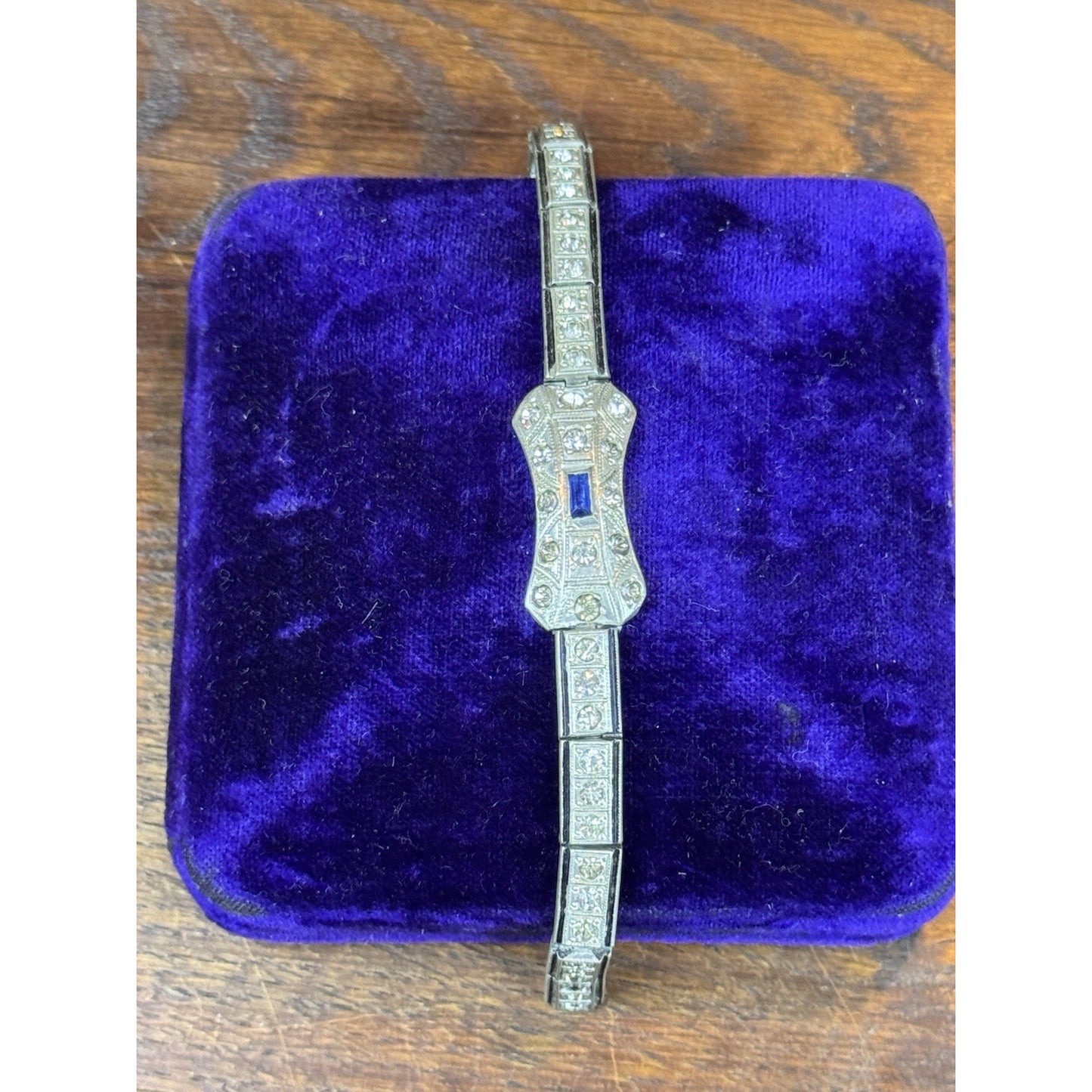 NOV-E-Line Bracelet 6” 1920s Art Deco Silvertone Rhinestone Blue Glass