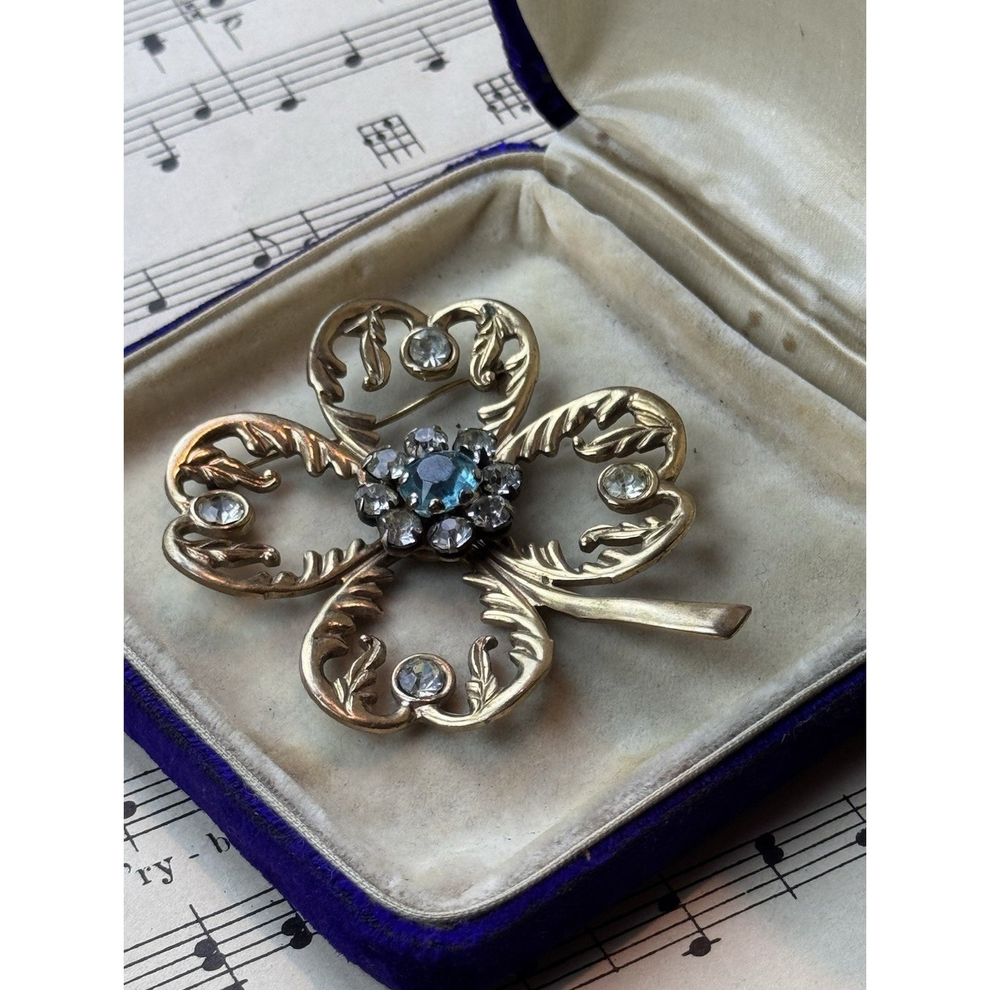 Vintage Clover Brooch 2.75” Goldtone Rhinestone Four Leaf Good Luck Jewelry