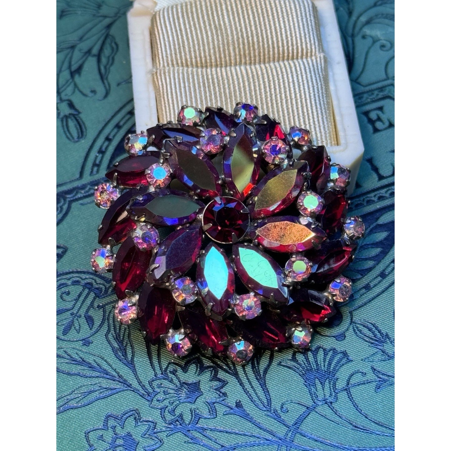 Vintage Garné Brooch Pin Jewelry Red AB Rhinestone Statement Floral Design 2”