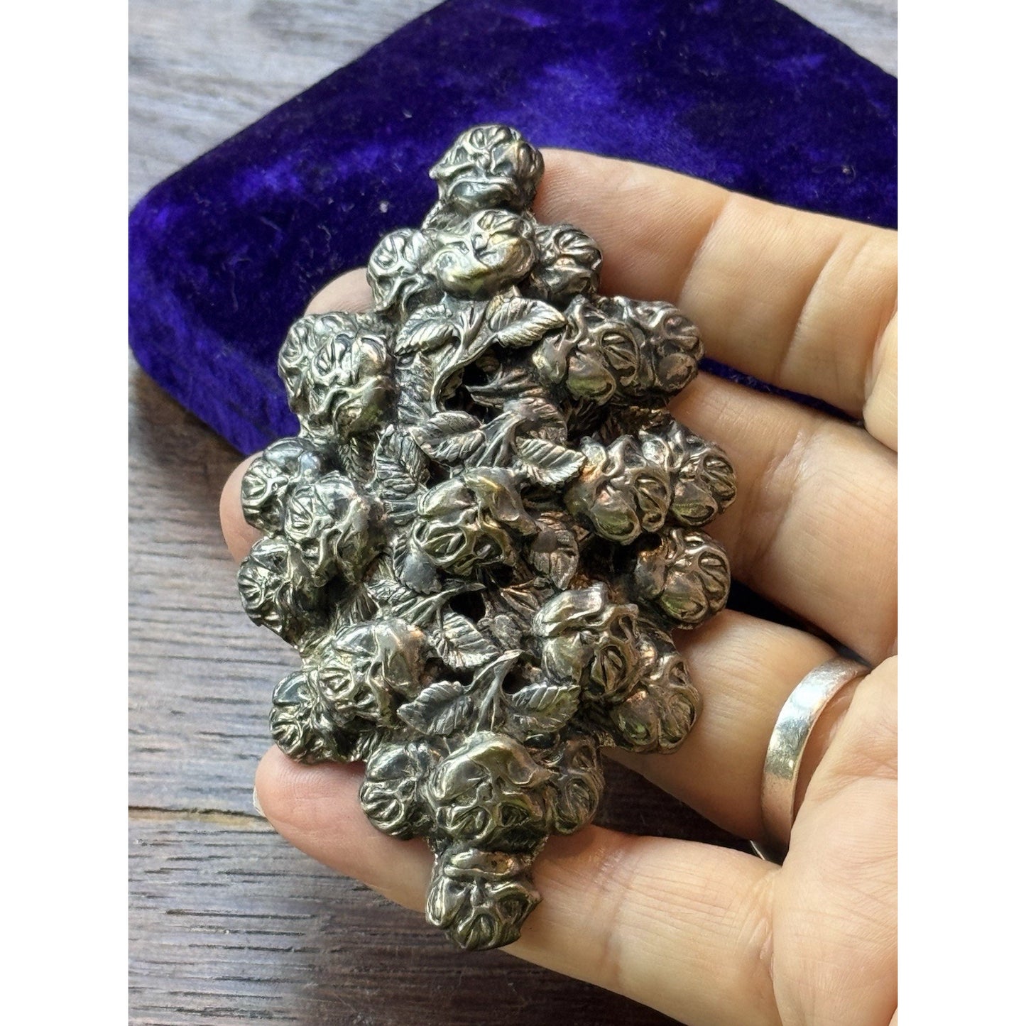 Vintage Brooch Silvertone Rose 3.5” Large Repoussé High Relief Floral Statement