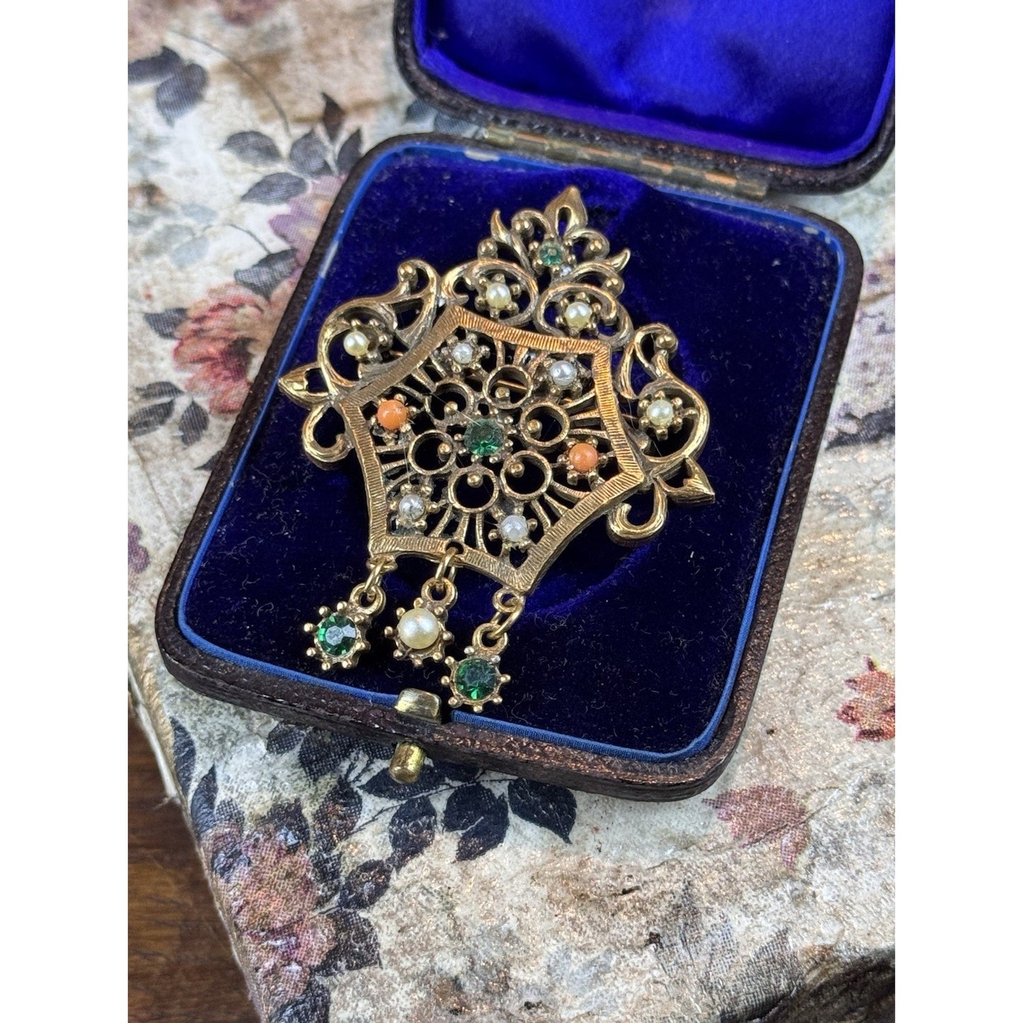 Vintage Jeweled Goldtone Brooch Faux Pearls Green Rhinestones Dangles 2.25”