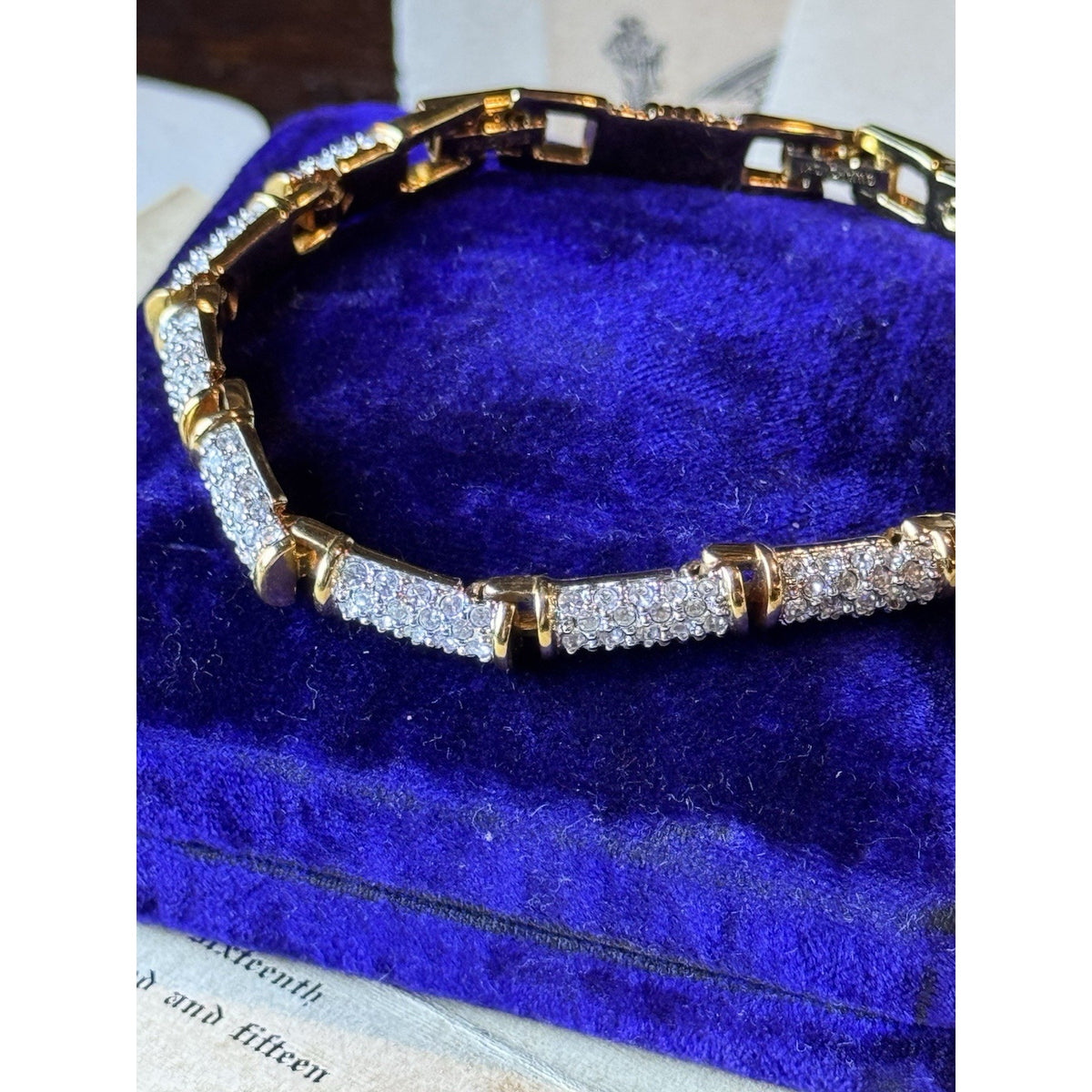Swarovski Crystal Bracelet Goldtone Pavé Tennis Link Signed 7” 8” w. Extension