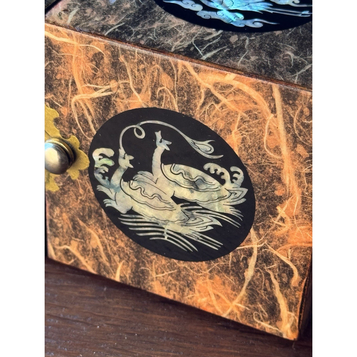 Wood Jewelry Box Asian Mother Of Pearl Inlay Crane Duck 4 Drawer 6.5”
