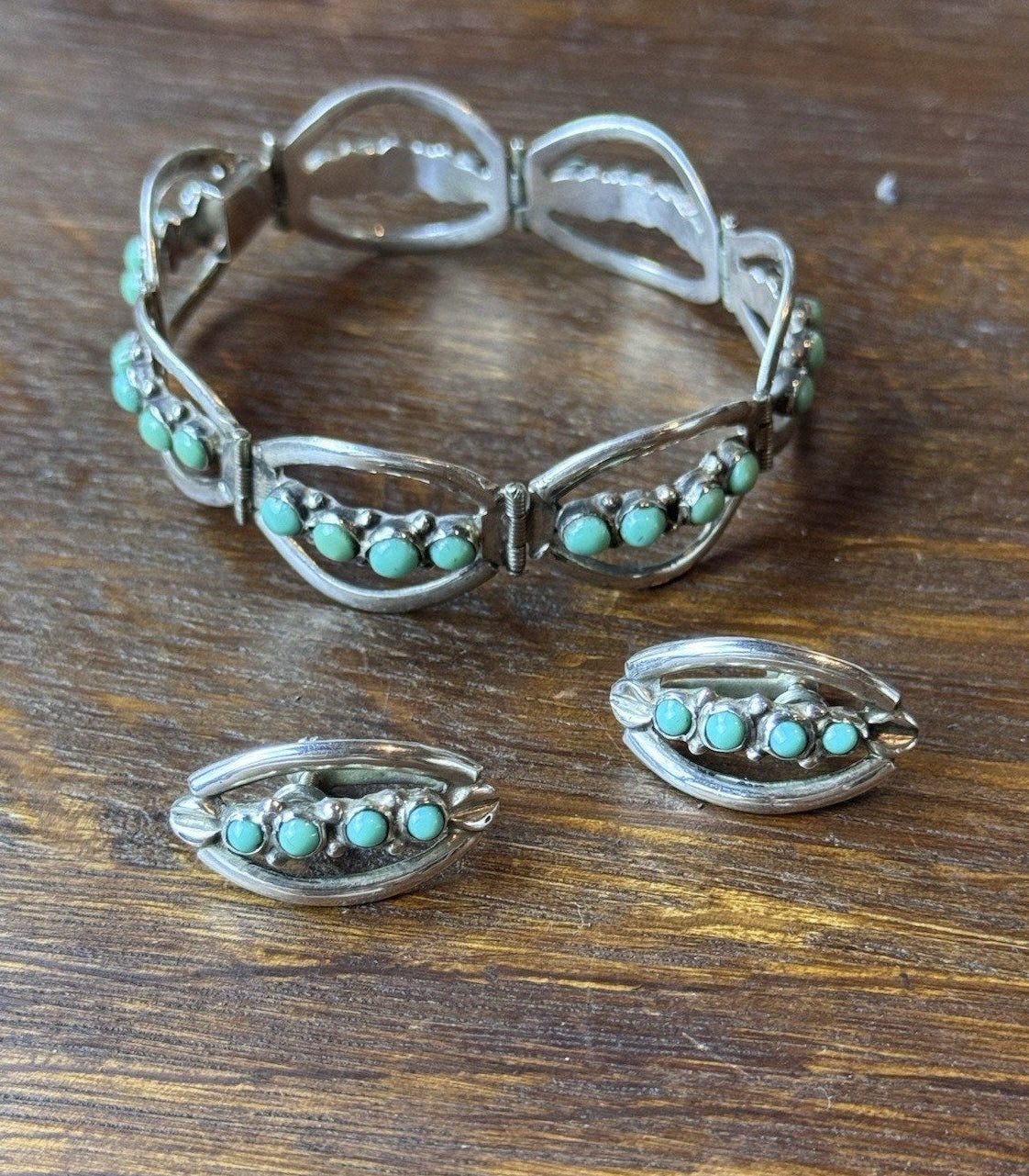 925 Bracelet Earrings Set Sterling Silver Green Cabochons Handmade ARTISAN
