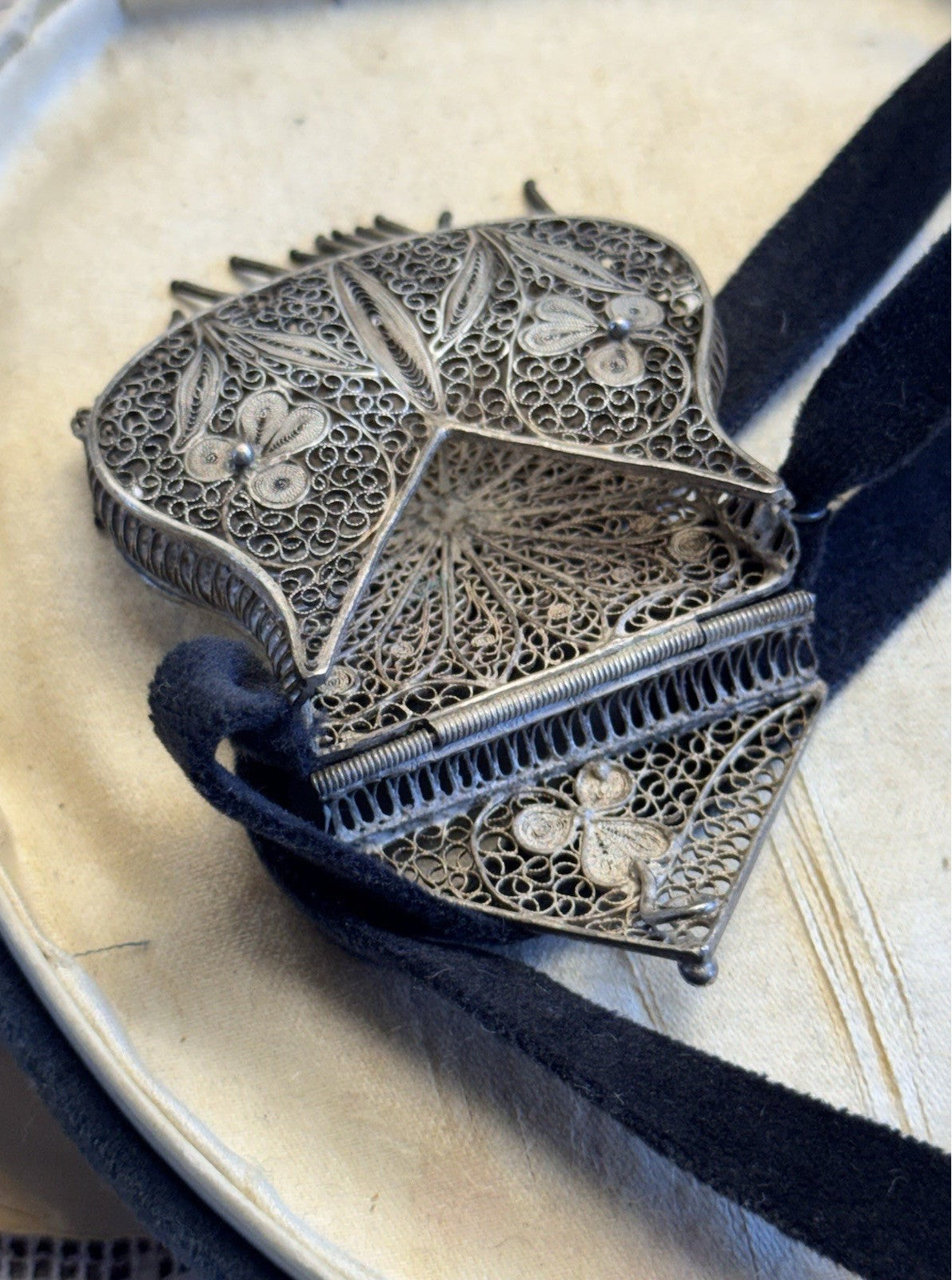 Silvertone Chatelaine Coin Purse Cannetille Filigree Floral Velvet Ribbon