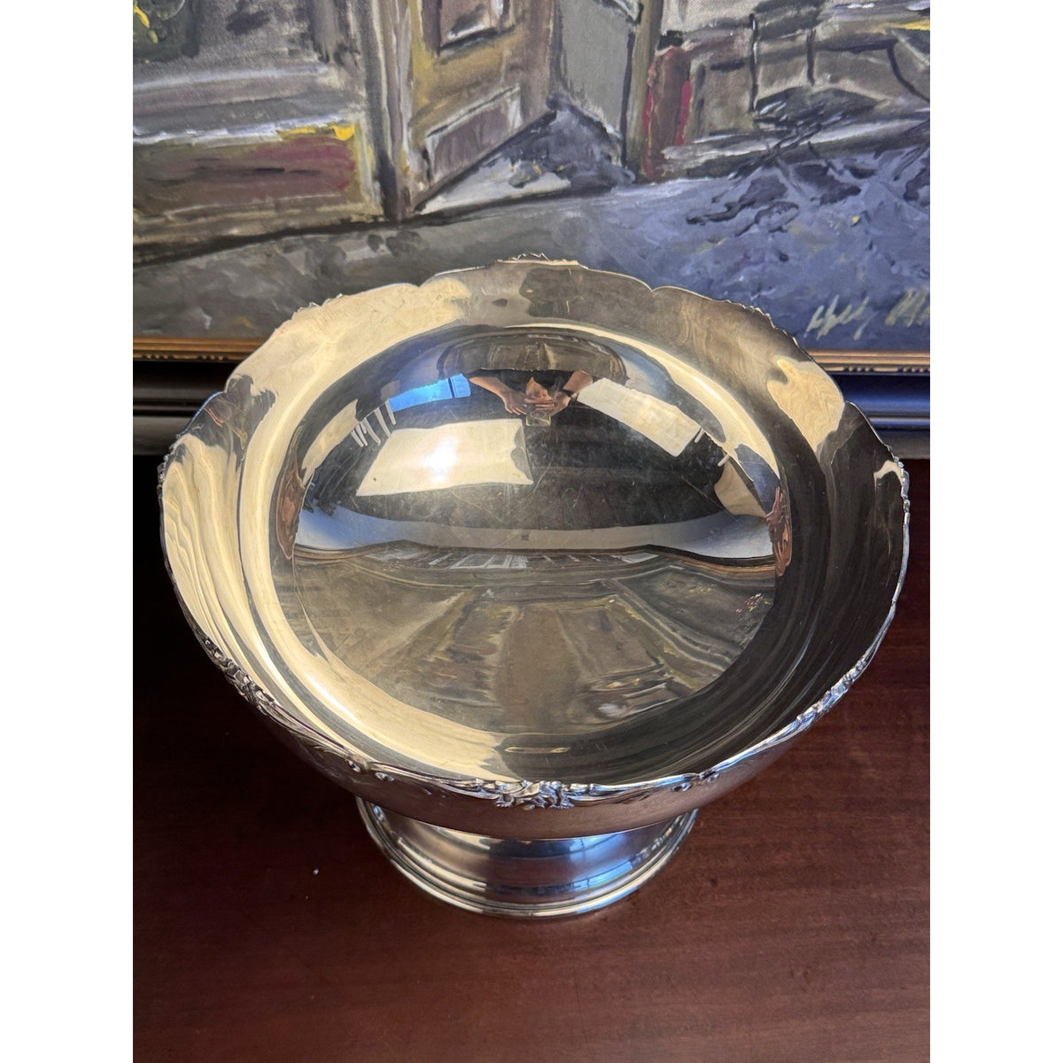 Silverplate Punch Bowl Footed Rose Edge Floral Design Elegant CENTERPIECE 12”