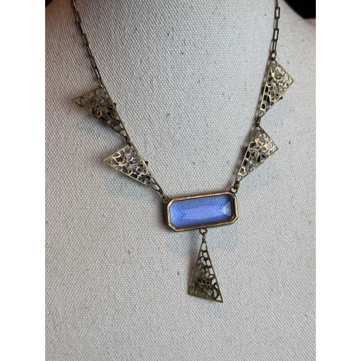 Antique Czech Necklace Blue Glass Enamel Brass Filigree Art Deco 15.5” L
