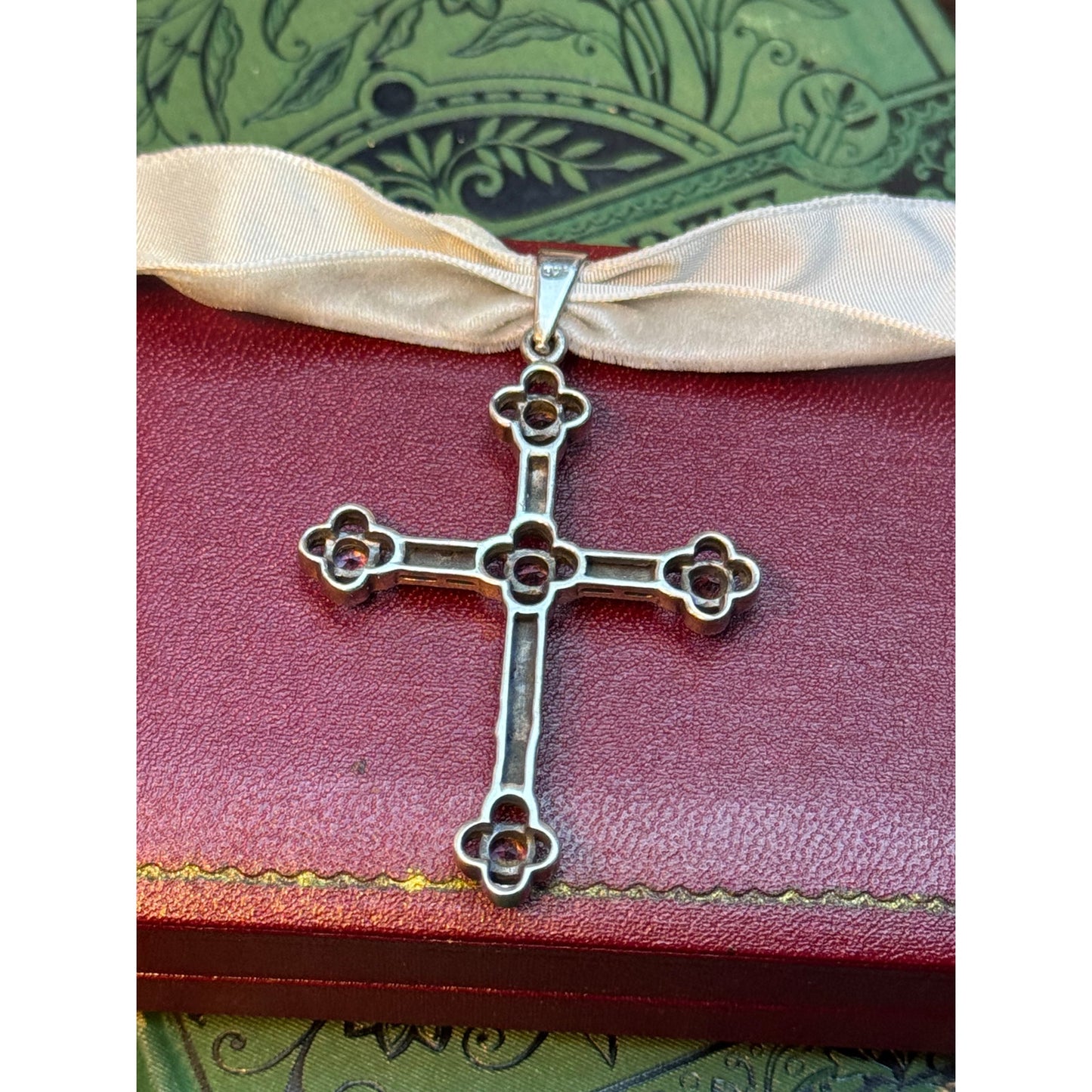 Antique Style Cross Pendant Marcasite Purple Glass Rhinestone Silver Tone 2"