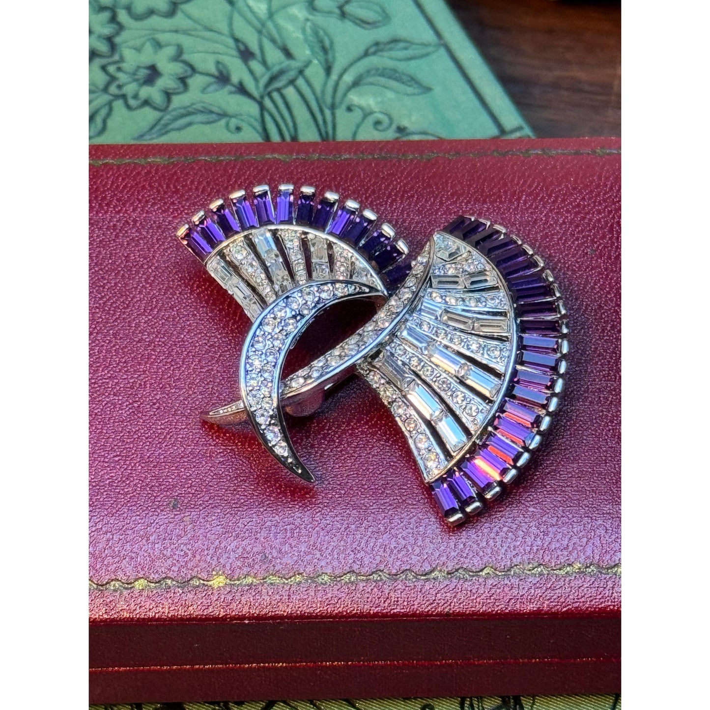 Vintage Blue Rhinestone Brooch Floral Ribbon Bow Statement