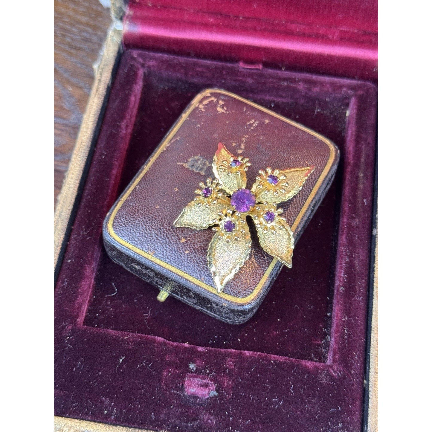 Vintage Purple Rhinestone Brooch Goldtone Flower Floral Statement Jewelry Pin 2”