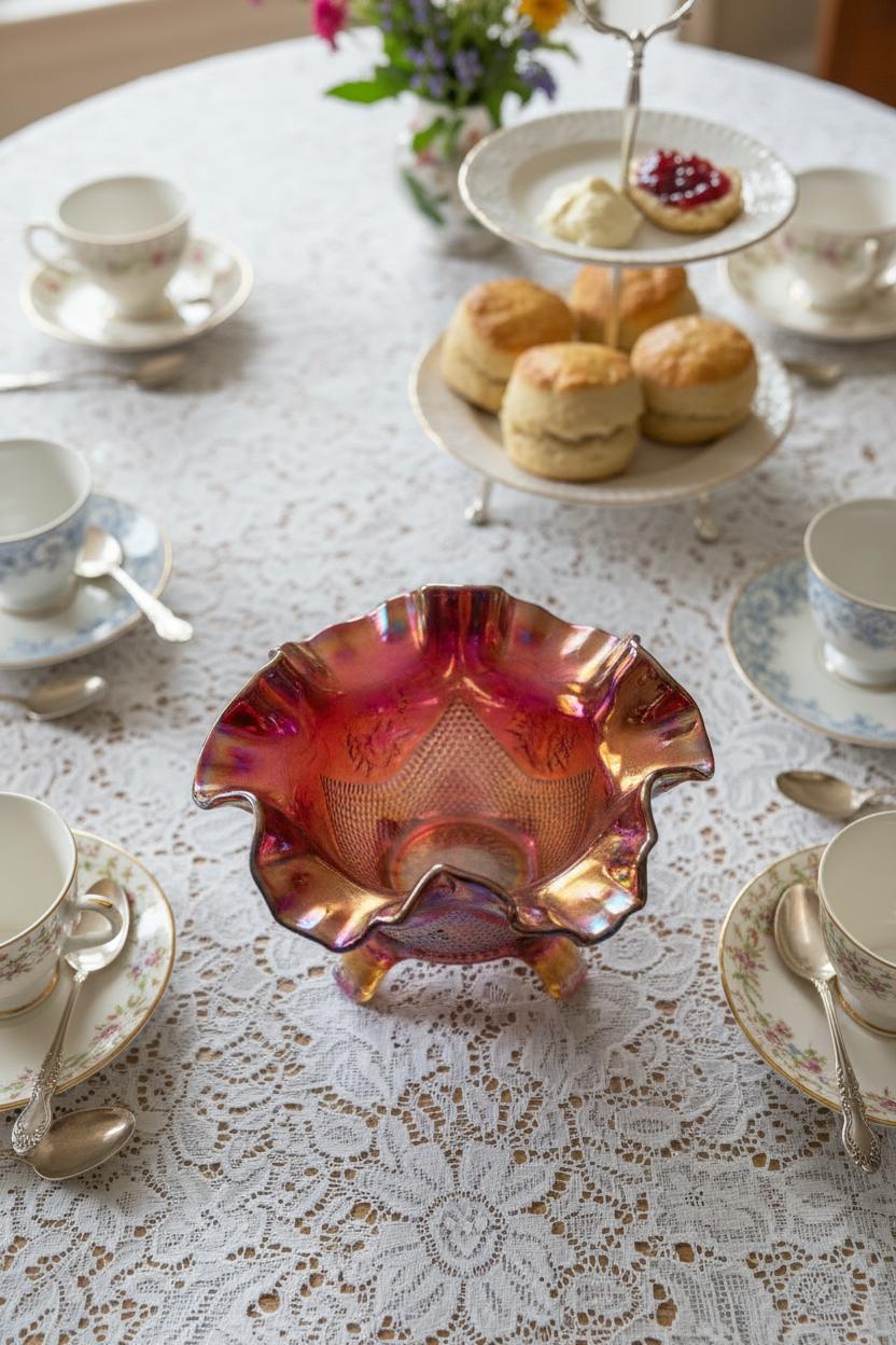 Vintage Fenton Footed Bowl Ruby Carnival Glass Ruffled Manufacture FLAW READ‼️
