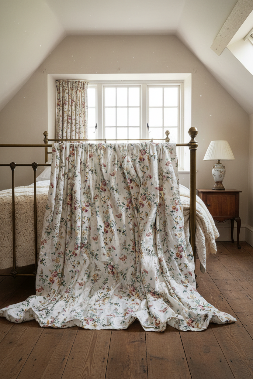 Vintage chintz curtain panels draped on brass bed in cottage bedroom