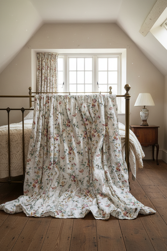Vintage chintz curtain panels draped on brass bed in cottage bedroom